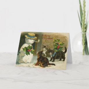 Carte de Noël vintage Kittens Snowman