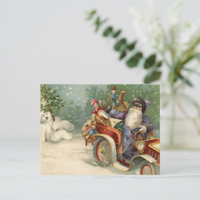 Carte de Noël Vintage | Père Noël vintage car Snow (Debout devant)