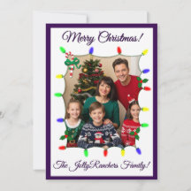 Carte de Noël violet avec lumières et photos