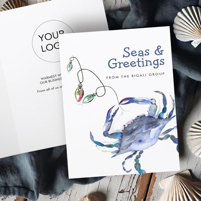 Carte de Noël Watercolor Beach Crabe bleu (Beach business Christmas cards with logo watercolor crab art by Victoria Grigaliunas Do Tell A Belle)