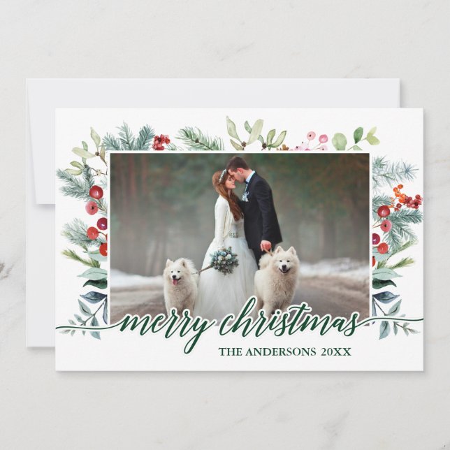 Carte de Noël Watercolor Green Calligraphy (Devant)