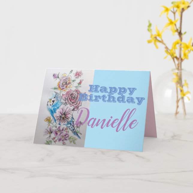 Carte de nom d'anniversaire Blue Budgie & Rose Flo (Fleur jaune)