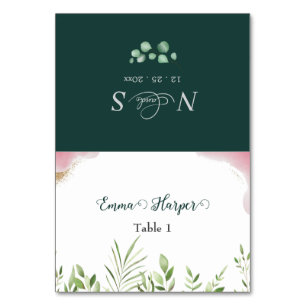 Carte de nom d'invité de verdure dorée lieu de mar