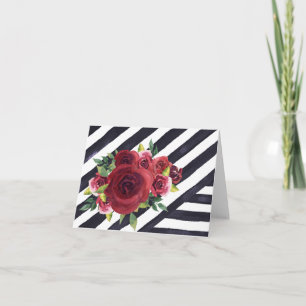 Carte de note à rayures noir et blanc avec fleurs 