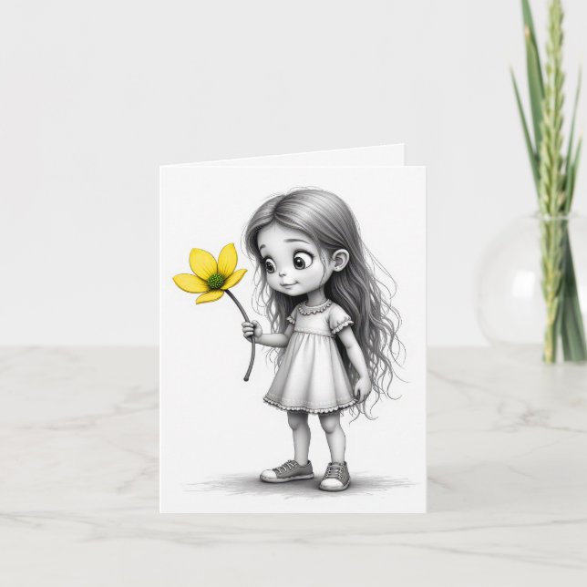 Carte de note Chibi Enfant avec Fleur Jaune (Devant)