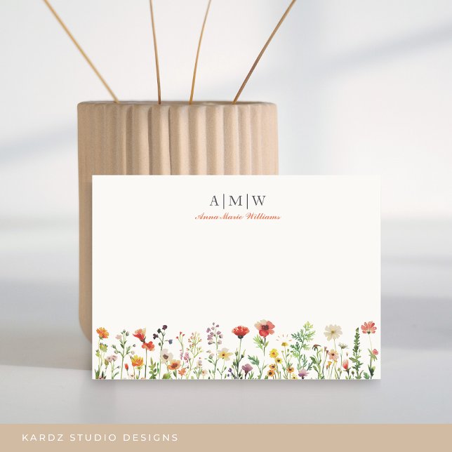 Carte de note chic Boho Elegant Monogramme (Card shown in 3.5 x 5 in. Choose size corner, style before check out. Card comes with off-white back)