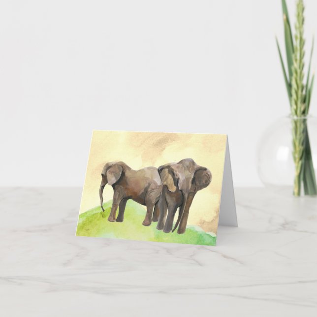 carte de note de blanc d'aquarelle d'éléphant (Devant)