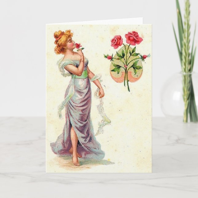 Carte de note de femme victorienne et de roses (Devant)