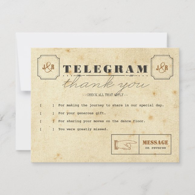 Carte de note de Merci de télégramme (Devant)