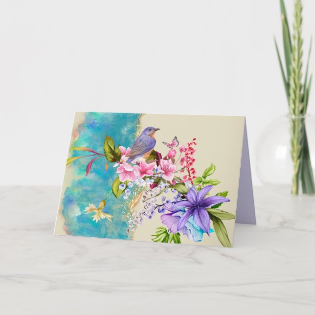 Carte de note d'oiseaux et de fleurs (Devant)