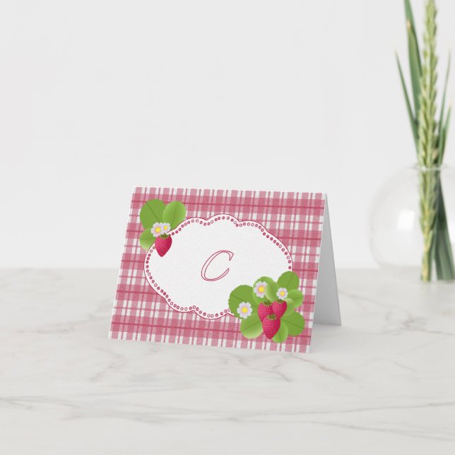 Carte de note du monogramme C de plaid de fraise (Devant)