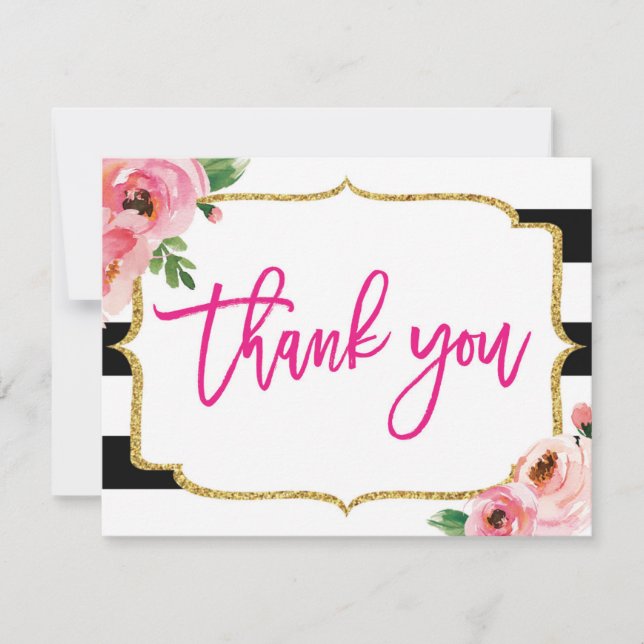 Carte de note Merci à rayures florales (Devant)