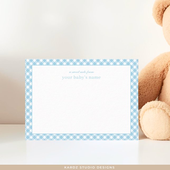Carte de note moderne Blue En vichy Baby Nursery (Baby note card shown in 3.5 x 2.5 inches. Add baby boy's name and choose the paper and corner style.)