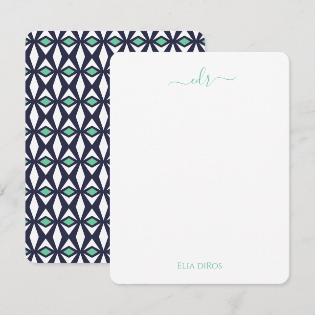 Carte de note Monogramme Diamant Vert et Marine (Devant / Derrière)