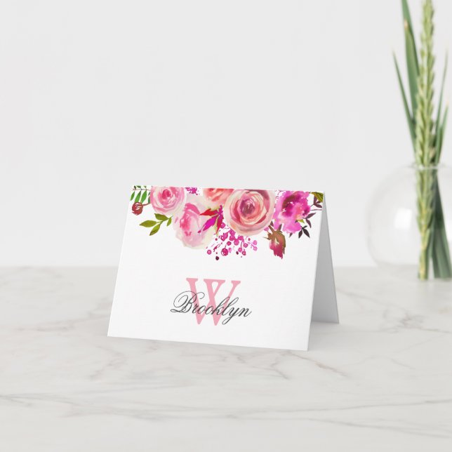 Carte de note Monogramme rose-chaud brillant (Devant)