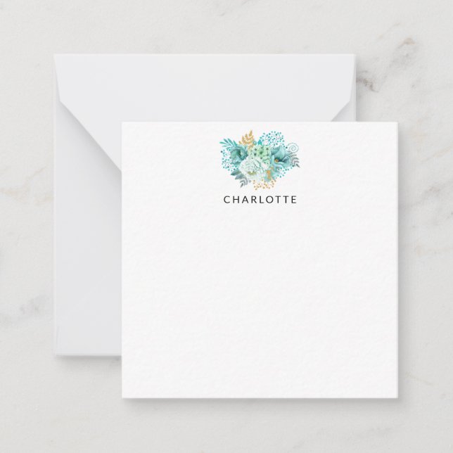 Carte de note personnalisée Aqua Blue Gold Floral (Devant)