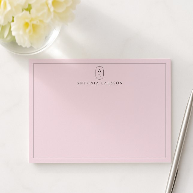 Carte de note plat de nom Monogramme rose pâle (Créateur téléchargé)