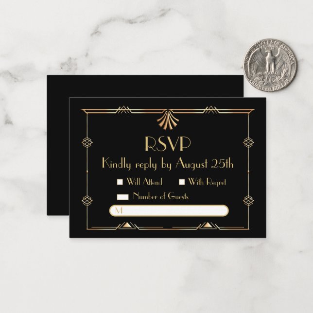 Carte de note plat RSVP Art Déco Wedding (Devant/Arrière en situation)