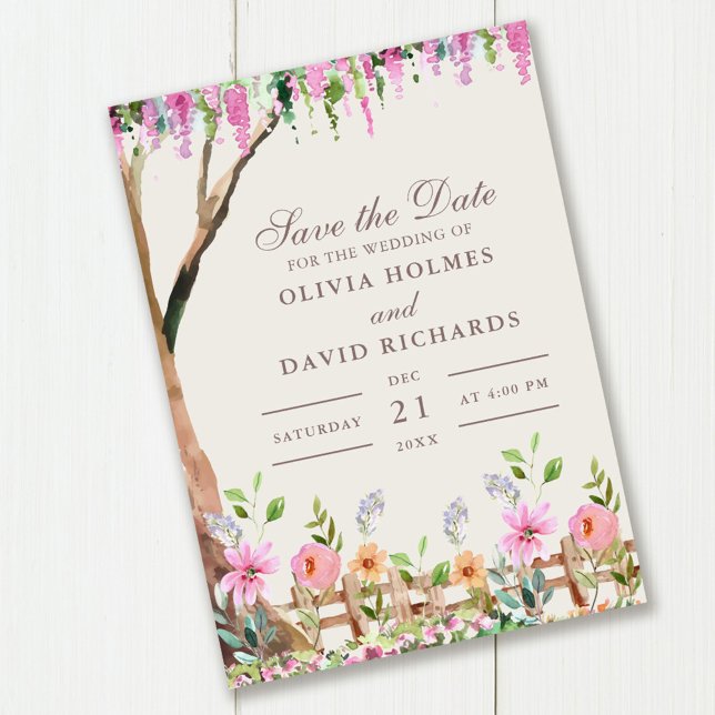 Carte de notification "Acacia rustique avec fleurs (Rustic Acacia with Wildflowers Save the Date Card on wooden table.)
