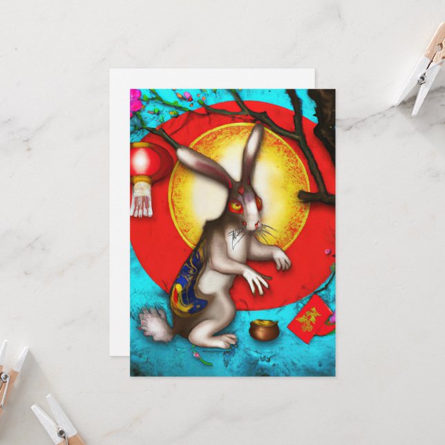 Carte de Nouvel An Chinoise de lapin (Devant/Arrière en situation)