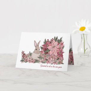 Carte de Nouvel An lapin et fleurs roses