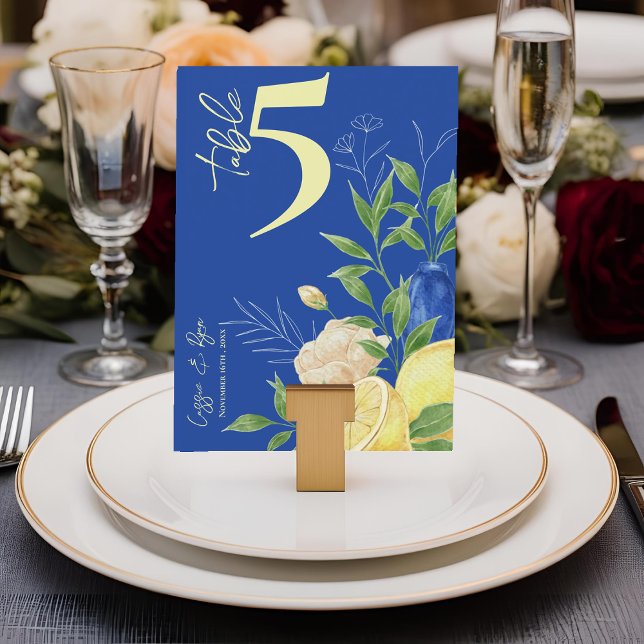 Carte de numéro de la table de Mariage de citron b (Blue Floral Lemon Wedding Table Number Card)