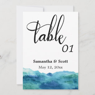 Carte de numéro de table aquarelle bleu vert aqua