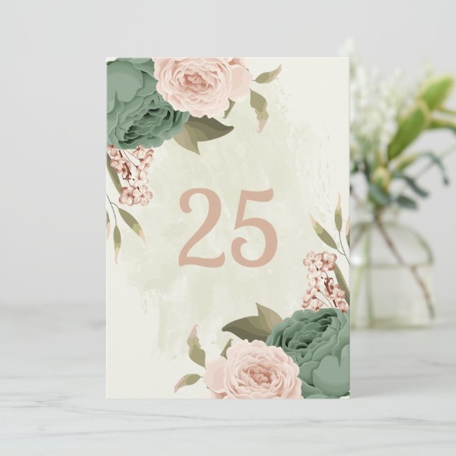 carte de numéro de table aux fleurs vert sauge et  (Debout devant)