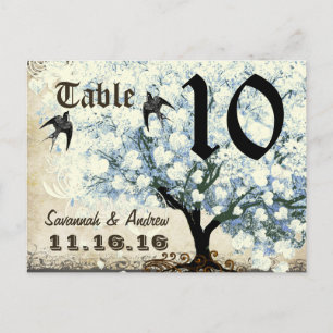 Carte de Numéro de Table aux Oiseaux de l'Arbre Bl