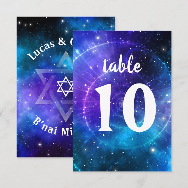 Carte de numéro de table Blue Purple B'nai Mitzvah (Devant / Derrière)