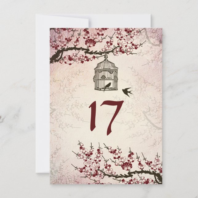 Carte de Numéro de Table Cerisier en Fleurs et Ois (Devant)