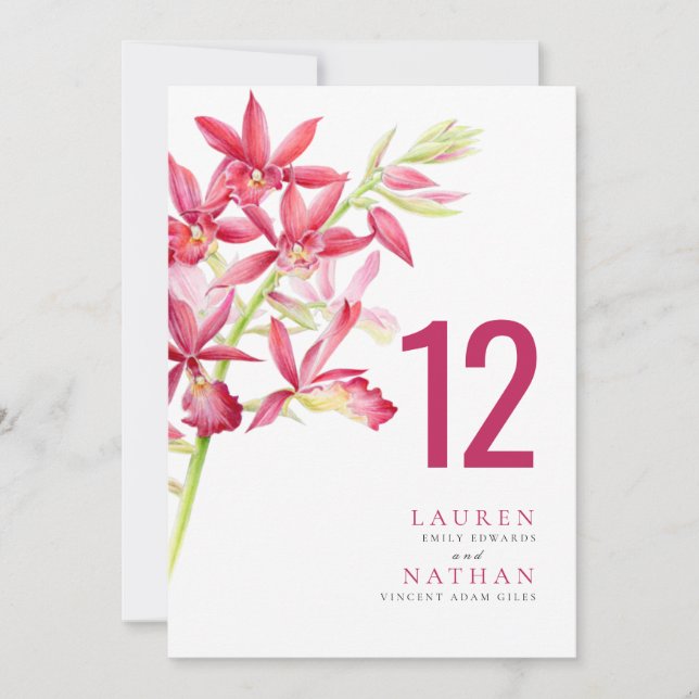 Carte de numéro de table de mariage à fleur d'orch (Devant)