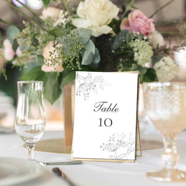 Carte de numéro de table de mariage botanique aux  (Silver Gray leaves botanical wedding table number cards. Elegant Classic and Simple)