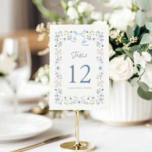 Carte de numéro de table de mariage floral bleu