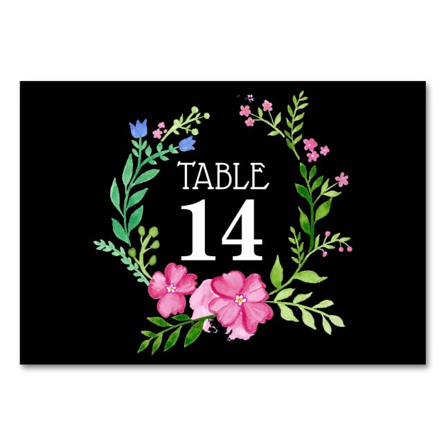 Carte de numéro de table de Mariage Floral noir (Devant)