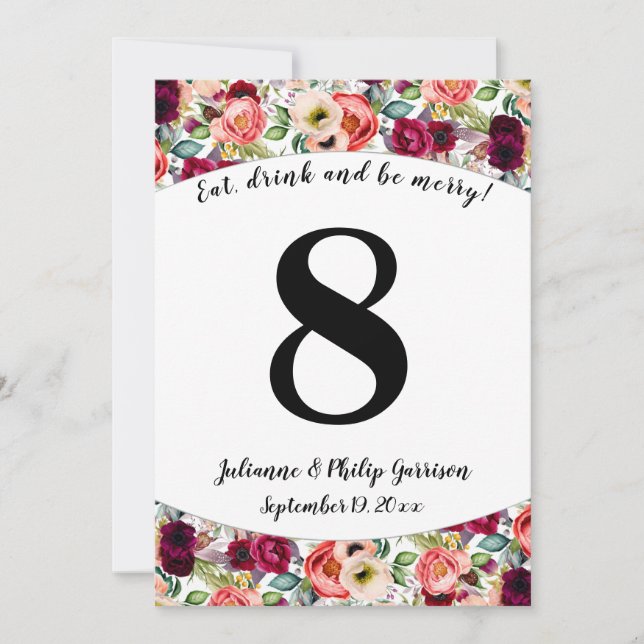Carte de Numéro de Table de Mariage Florale de Jar (Devant)