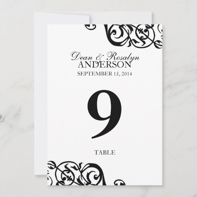 Carte de numéro de table de mariage réception B&W (Devant)