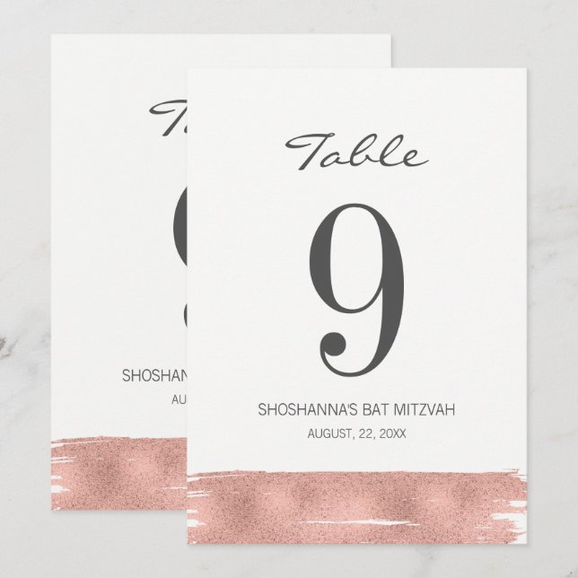 Carte de numéro de table du Bat mitzvah rose Gold  (Devant / Derrière)