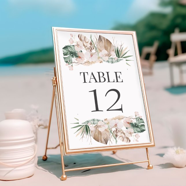 Carte de numéro de table du Mariage de l'orchidée  (Tropical Orchid Wedding Table Number Card on a sunny beach)
