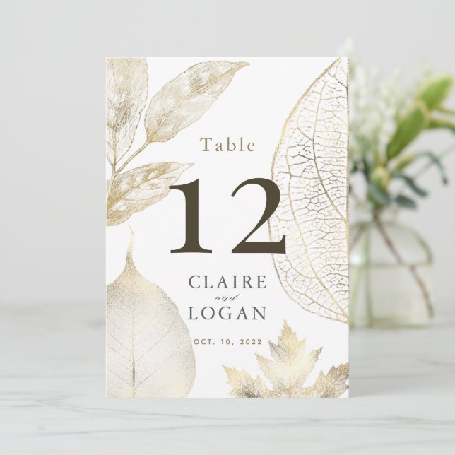 Carte de numéro de table Feuille Gold Delicate Mar (Debout devant)