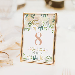 Carte de numéro de table florale or rose