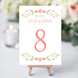 Carte de numéro de table florale verte corail de j