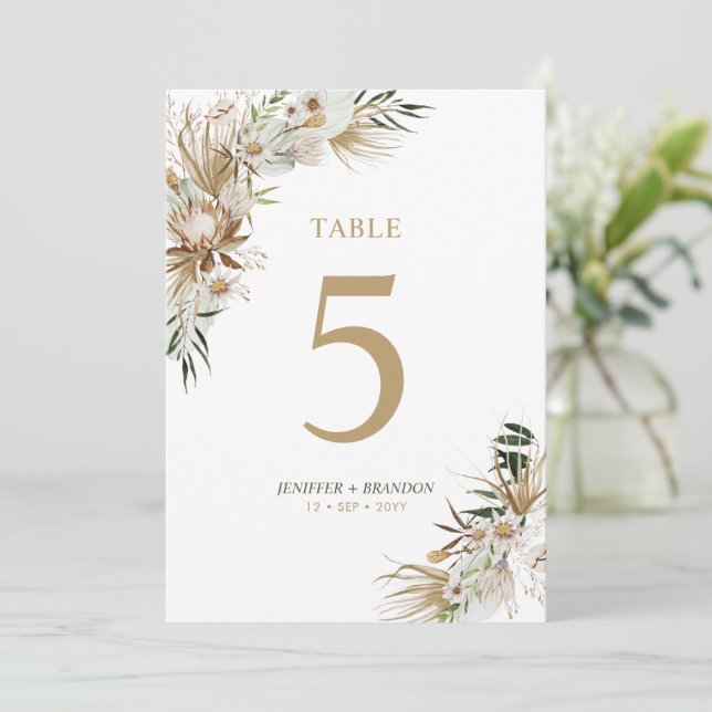 Carte de numéro de table Gold & Green Boho Wedding (Debout devant)