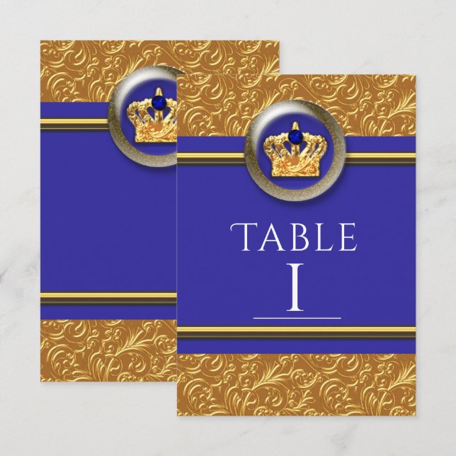 Carte de numéro de table Gold & Royal Blue Crown (Devant / Derrière)