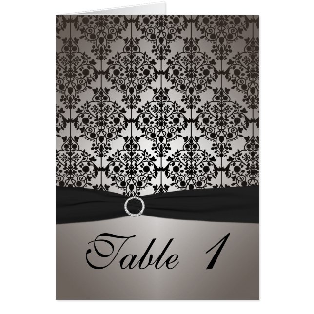 Carte de numéro de table Gris et Noir Damas (Devant)