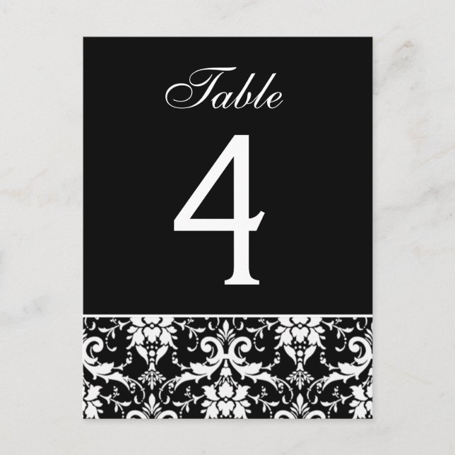 Carte de numéro de table Mariage damassé noir (Devant)