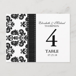 Carte de numéro de table Mariage damassé noir et b