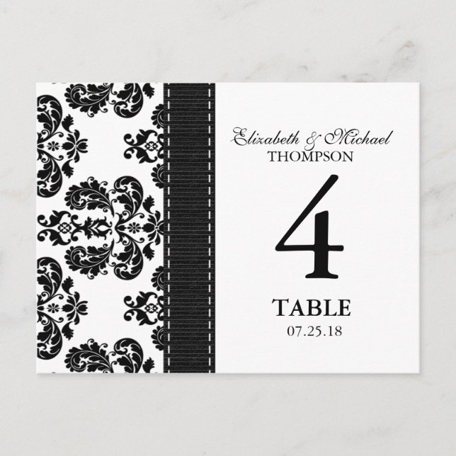 Carte de numéro de table Mariage damassé noir et b (Devant)