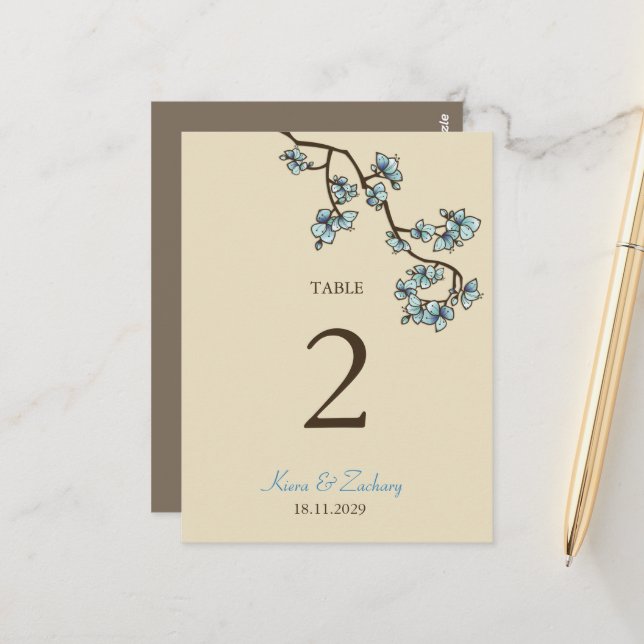 Carte de numéro de table Mariage de la Pêche bleue (Devant/Arrière en situation)