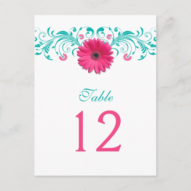 Carte de numéro de table rose Gerbera Daisy Turquo (Devant)